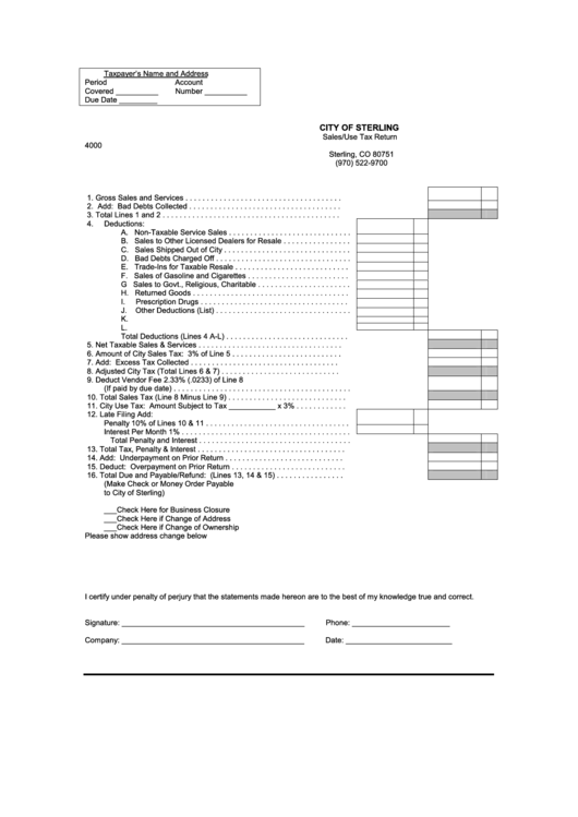 Sales/use Tax Return - City Of Sterling Printable pdf