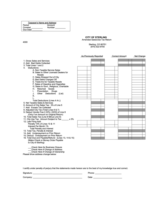 Amended Sales/use Tax Return - City Of Sterling Printable pdf