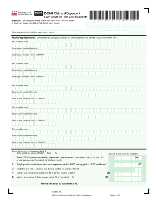 Form D-2441 - Child And Dependent Care Credit For Part-Year Residents - Government Of The District Of Columbia - 2002 Printable pdf