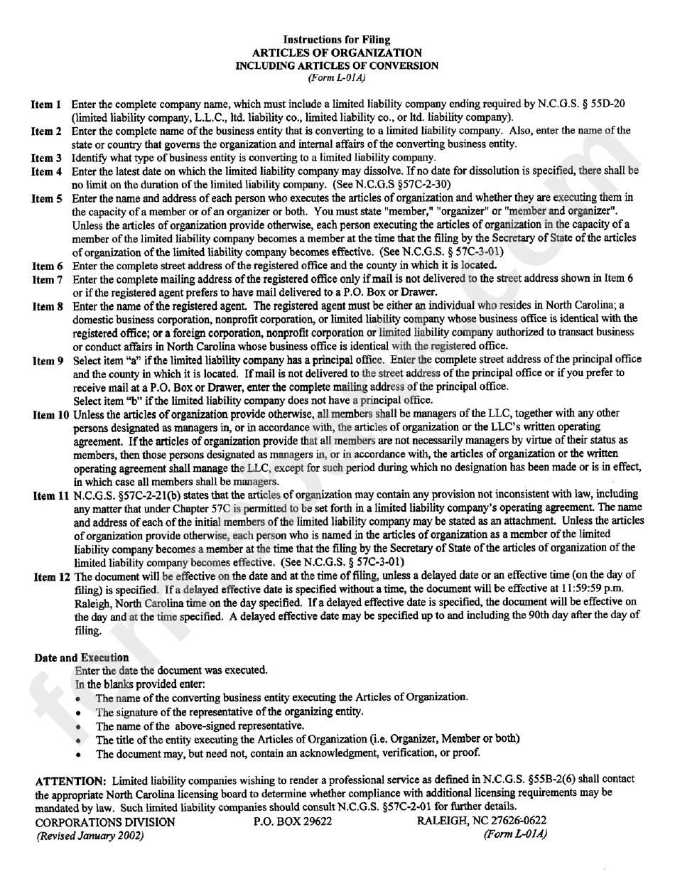 Instructions For Filing Form L-01a - Articles Of Organization Including Articles Of Conversion