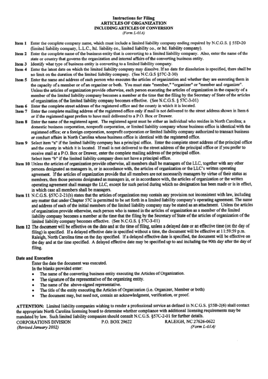 Instructions For Filing Form L-01a - Articles Of Organization Including Articles Of Conversion Printable pdf