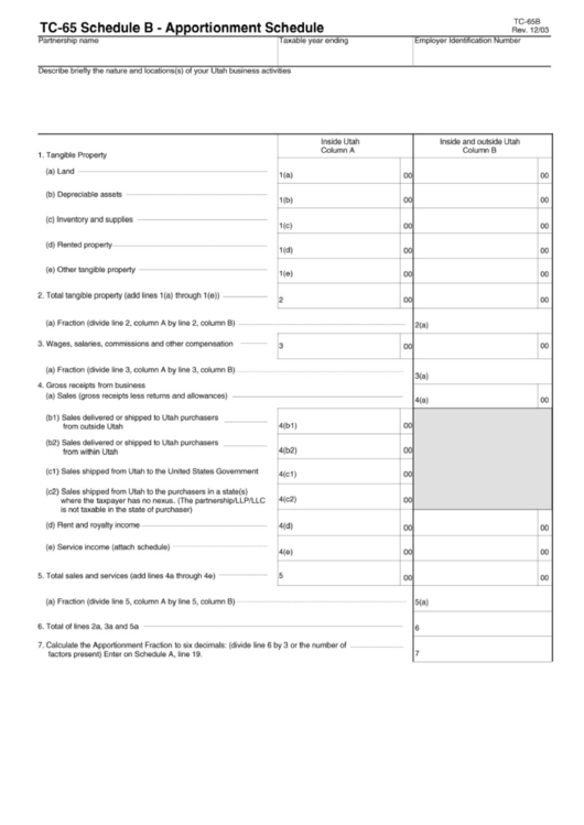 Form Tc-65 Schedule B - Apportionment Schedule Printable pdf
