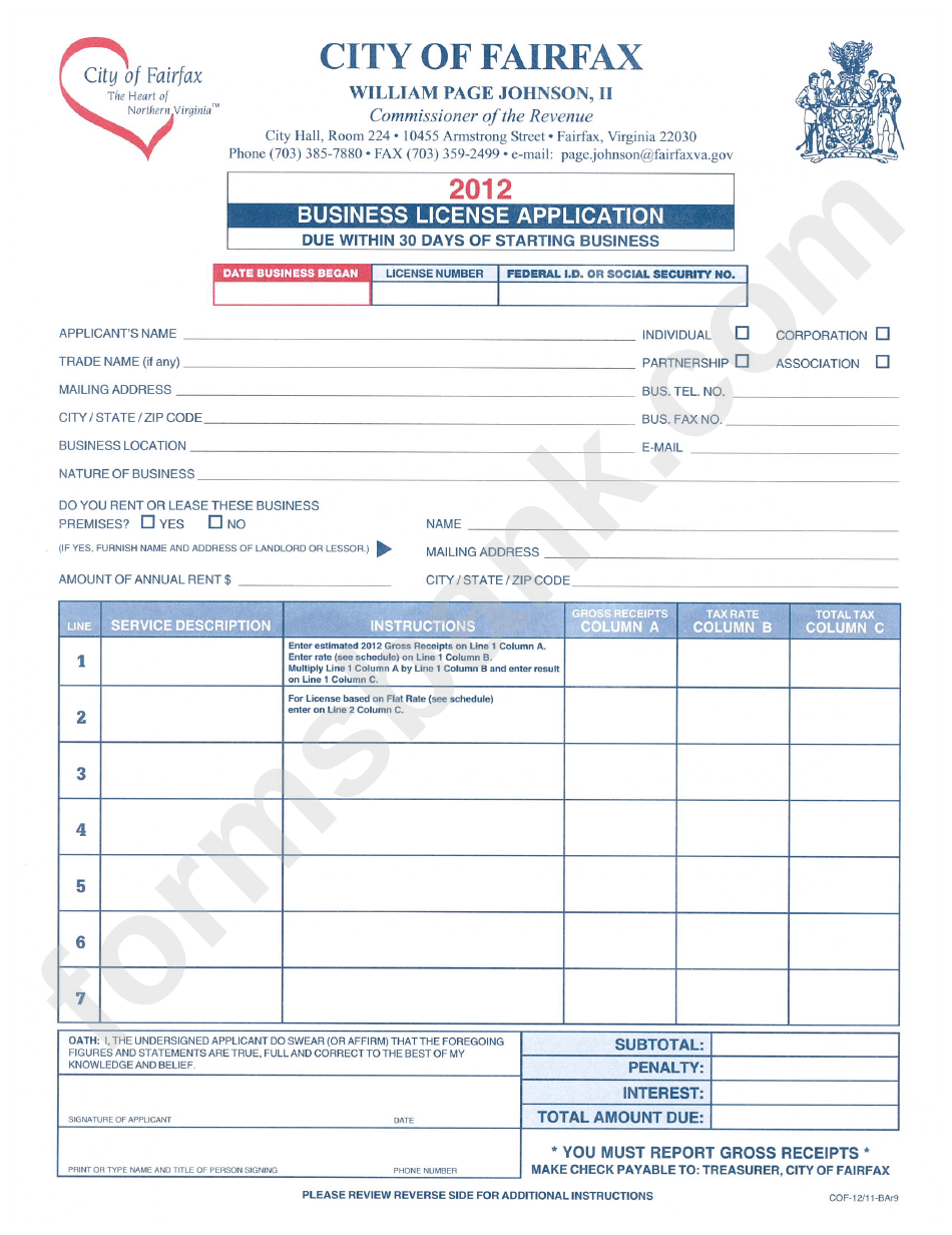 Business License Application City Of Fairfax 2012 printable pdf