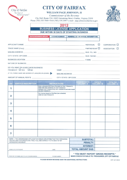 Business License Application - City Of Fairfax - 2012 Printable pdf