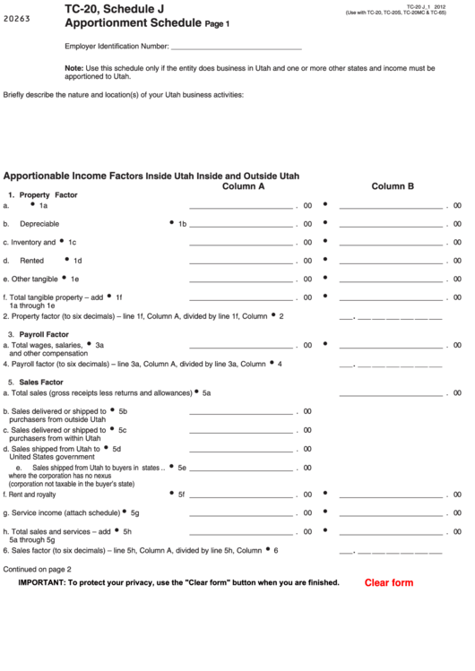 Fillable Form Tc-20 - Schedule J - Apportionment Schedule - 2012 Printable pdf
