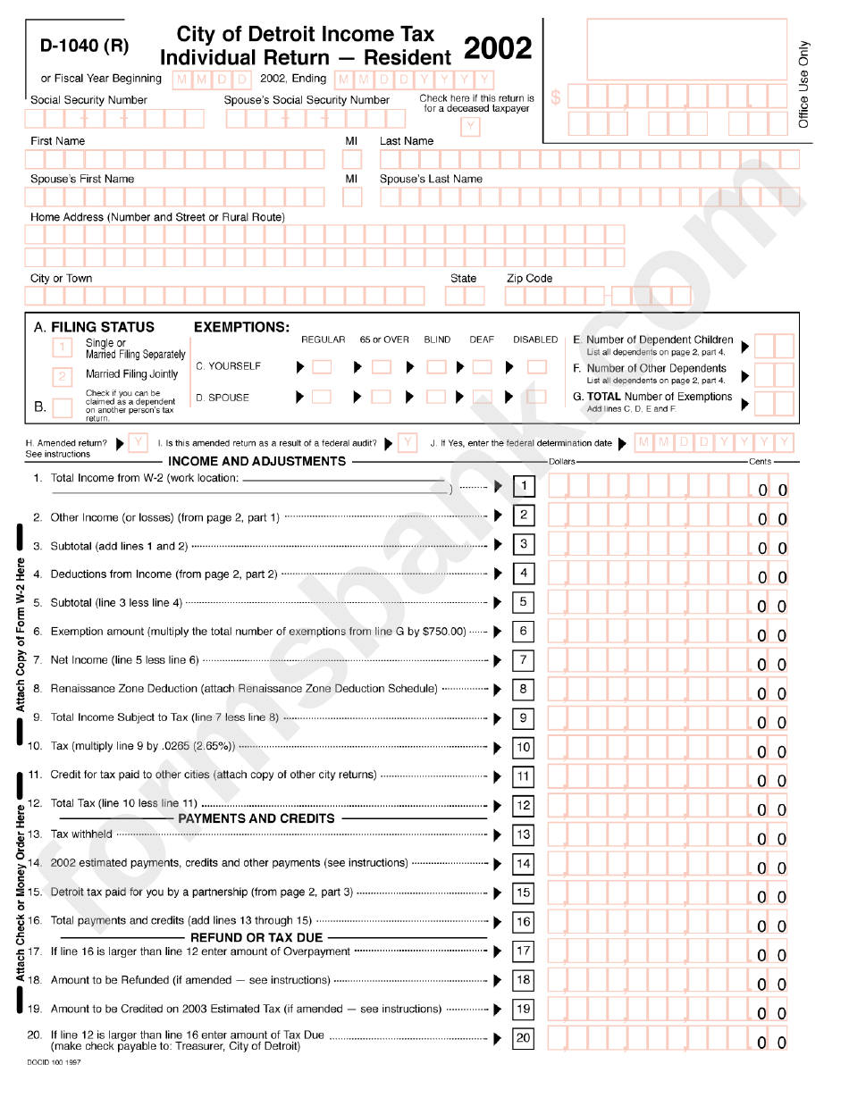 Form D-1040 (R) - City Of Detroit Income Tax Individual Return-Resident - 2002