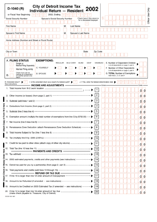 Form D-1040 (R) - City Of Detroit Income Tax Individual Return-Resident - 2002 Printable pdf