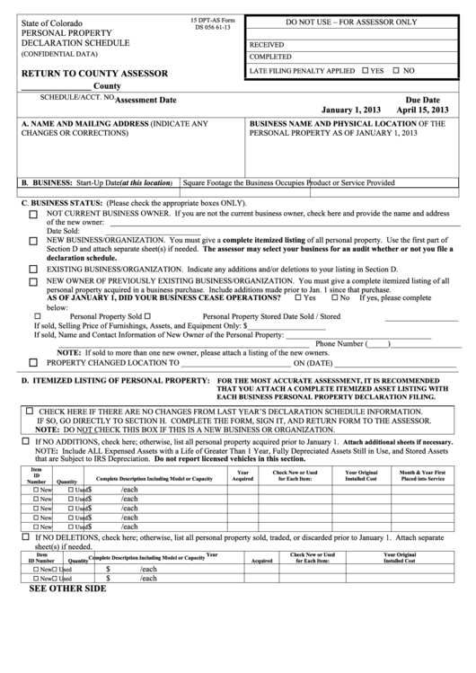 Fillable 15 Dpt-As Form Ds 056 - Personal Property Declaration Schedule - 2013 Printable pdf