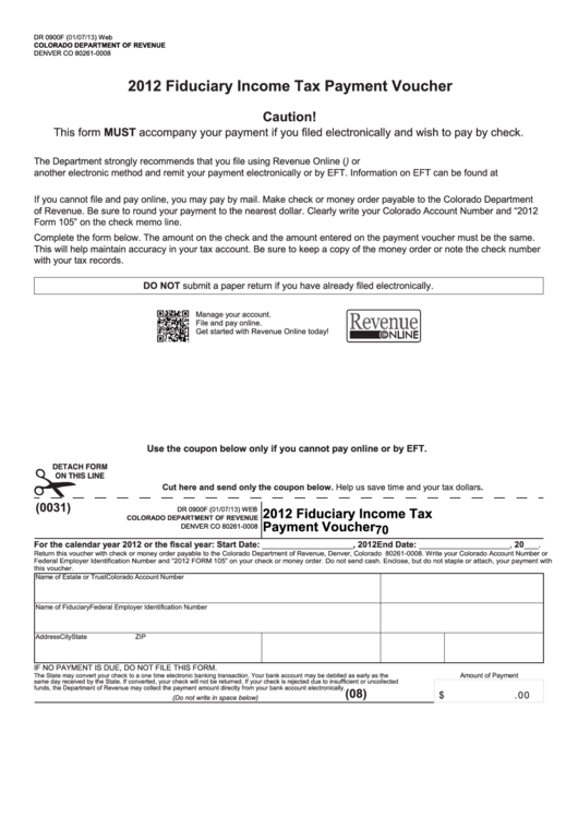 Form Dr 0900f - 2012 Fiduciary Income Tax Payment Voucher Printable pdf