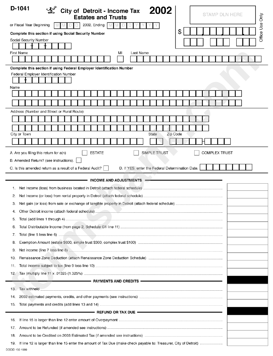 Form D-1041 - City Of Detroit-Income Tax Estates And Trusts - 2002