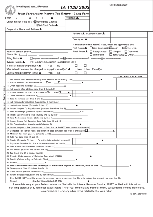 Form Ia 1120 - Iowa Corporation Income Tax Return - Long Form - 2003