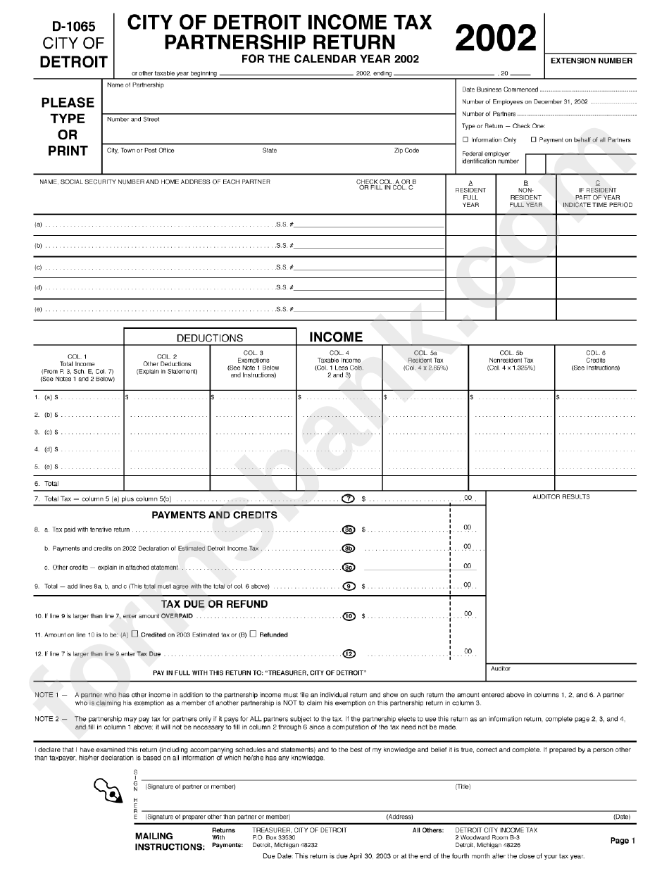 Form D-1065 - City Of Detroit Income Tax Partnership Return - 2002