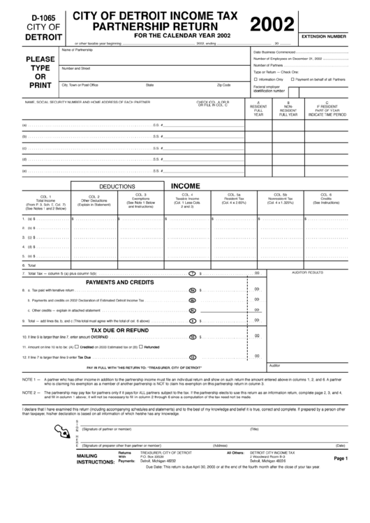 Form D-1065 - City Of Detroit Income Tax Partnership Return - 2002 Printable pdf