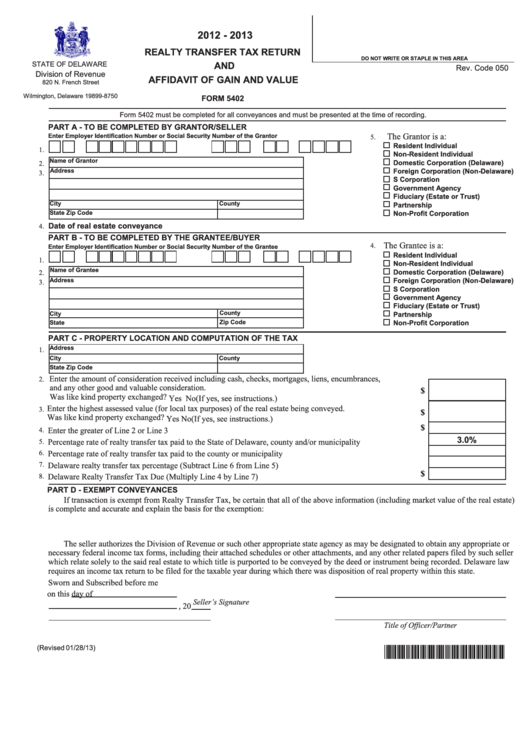 Fillable Form 5402 - Realty Transfer Tax Return And Affidavit Of Gain And Value - 2012/2013 Printable pdf