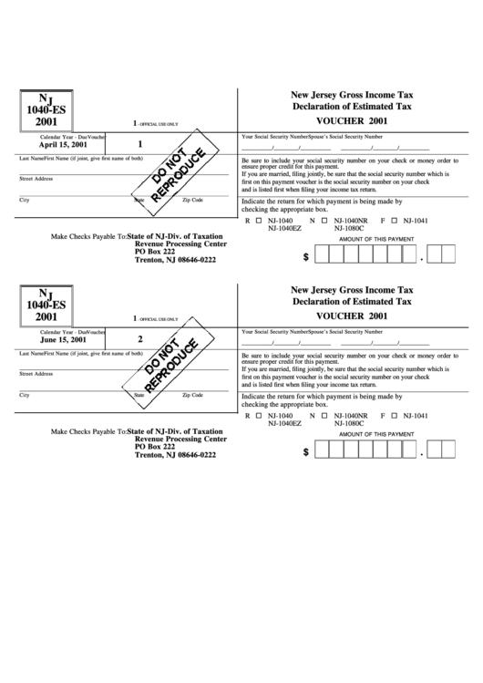 Form Nj 1040-Es - New Jersey Gross Income Tax Declaration Of Estimated Tax - 2001 Printable pdf
