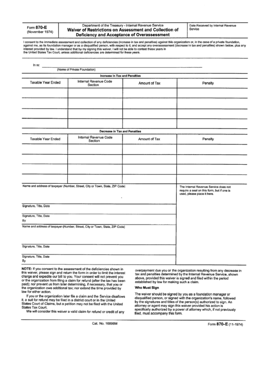 Form 870-E - Waiver Of Restrictions On Assessment And Collection Of Deficience And Acceptance Of Overassessment Printable pdf