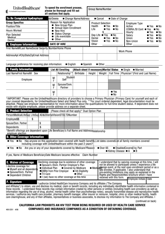 Fillable Unitedhealthcare Employee Enrollment Form Printable pdf