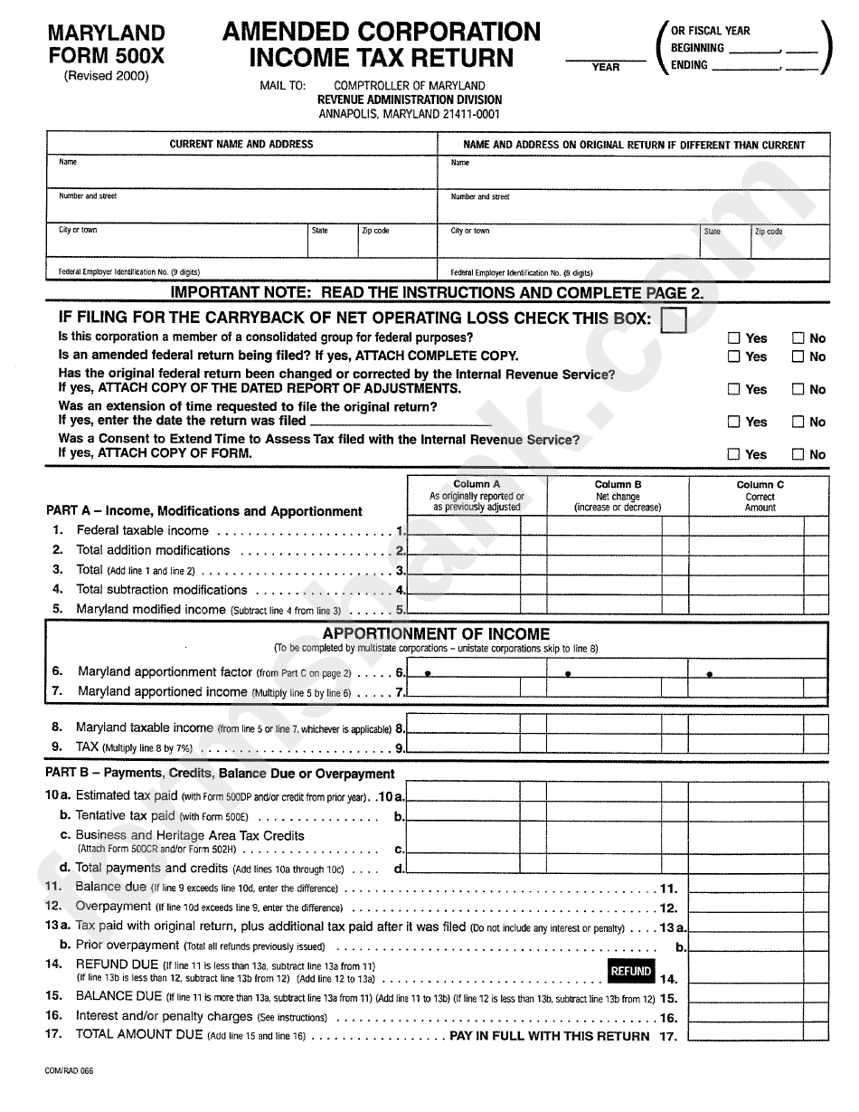 Maryland Form 500x - Amended Corporation Income Tax Return - 2000 ...