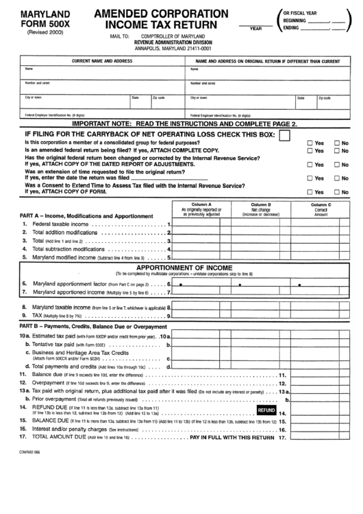 Maryland Form 500x - Amended Corporation Income Tax Return - 2000 Printable pdf
