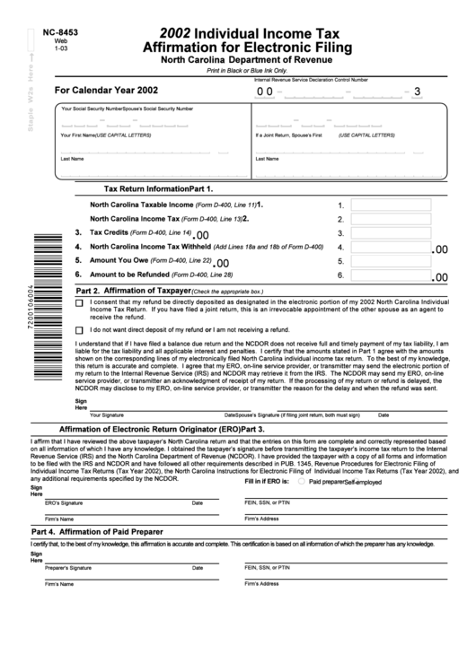 Form Nc-8453 - Individual Income Tax Affirmation For Electronic Filing - 2002 Printable pdf