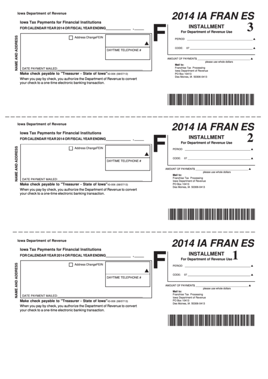 Form Ia Fran Es - Franchise Estimate Tax Payment Voucher - 2014 Printable pdf