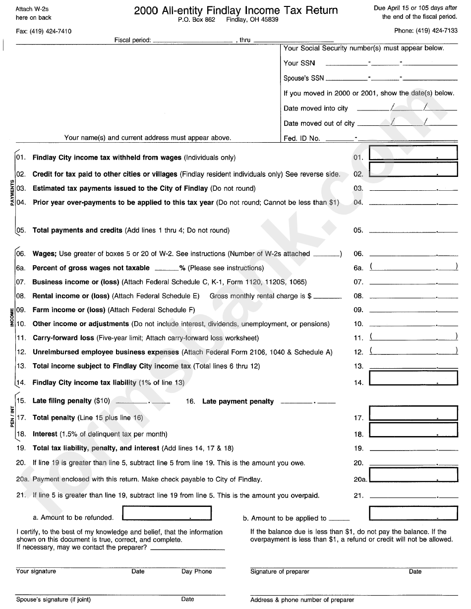2000 Ali-Entity Findlay Income Tax Return Form - State Of Ohio
