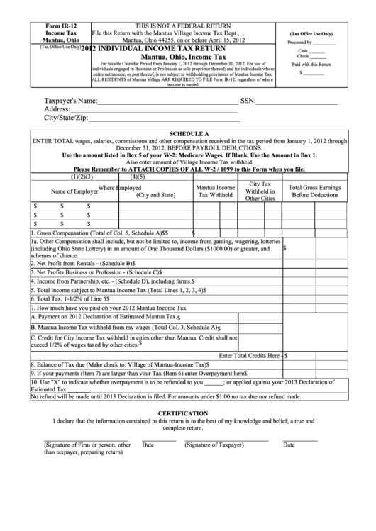 Form Ir-12 - Individual Income Tax Return - 2012 Printable pdf
