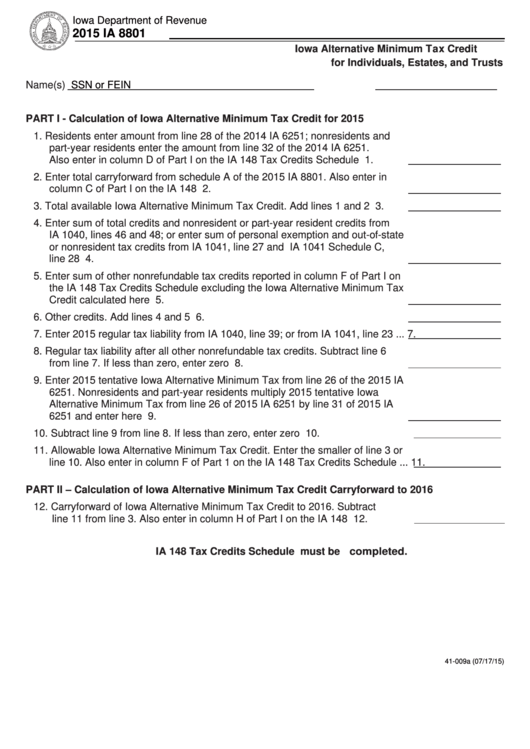 Form Ia 8801 - Iowa Alternative Minimum Tax Credit For Individuals, Estates, And Trusts - 2015 Printable pdf