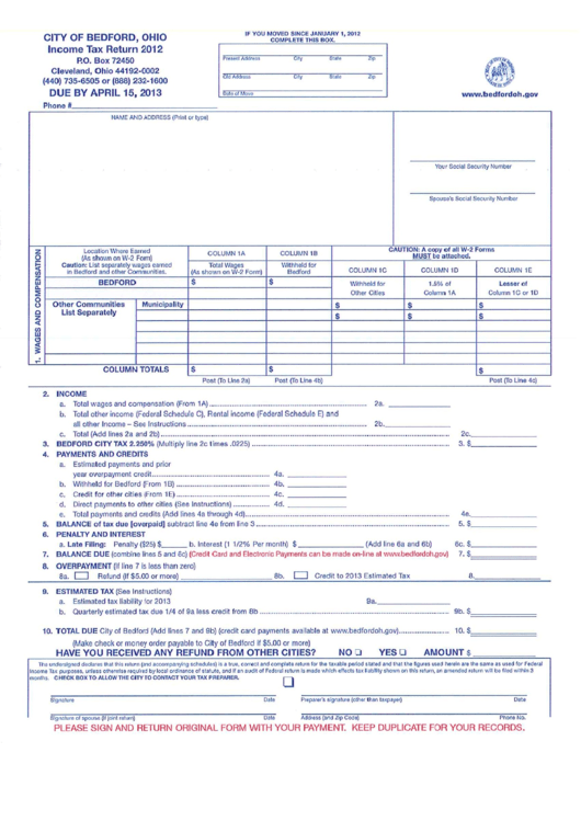Income Tax Return Form 2012 - State Of Ohio Printable pdf