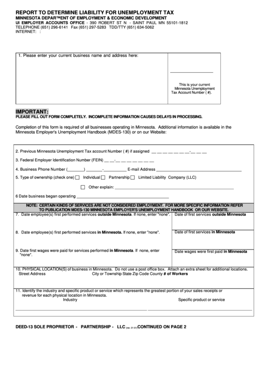 Form Deed-13 - Report To Determine Liability For Unemployment Tax - Sole Proprietor - Partnership - Llc - 2001 Printable pdf