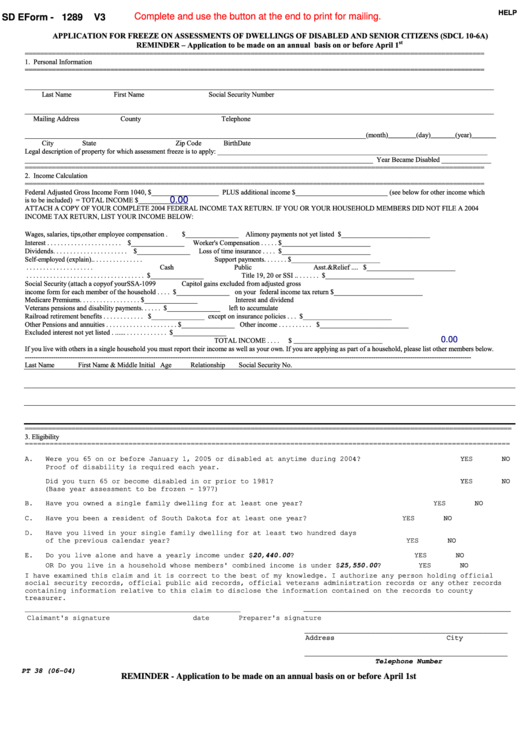 Fillable Form Pt 38 - Application For Freeze On Assessments Of Dwellings Of Disabled And Senior Citizens (Sdcl 10-6a) Printable pdf
