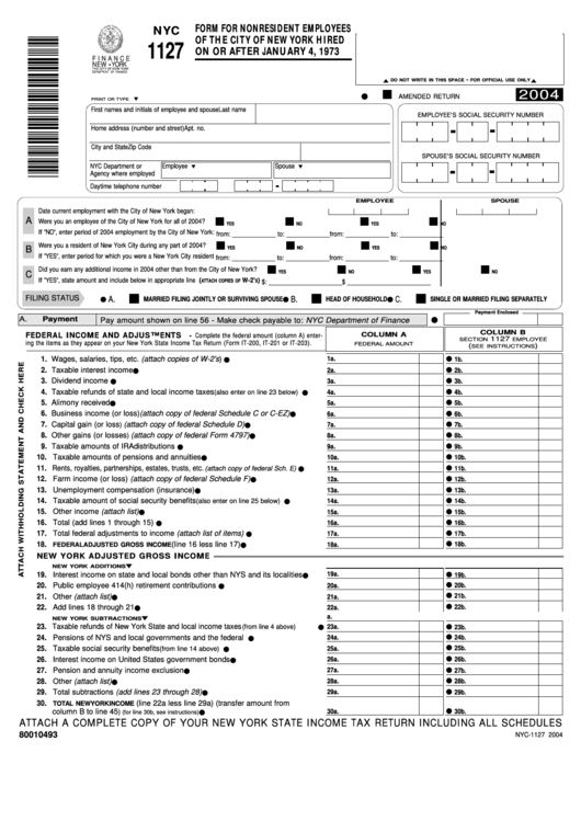 Fillable Form Nyc 1127 - Form For Nonresident Employees Of The City Of New York - 2004 Printable pdf