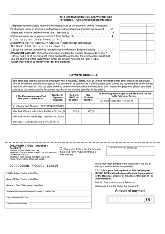 Form 770es - Virginia Estimated Income Tax Payment Voucher For Estates, Trusts And Unified Nonresidents - 2012 Printable pdf