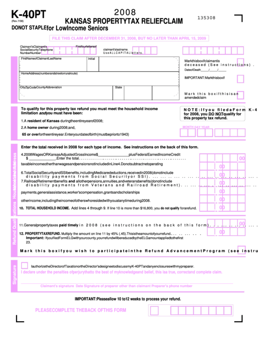 Form K-40 Pt - Kansas Property Tax Relief Claim For Low Income Seniors - 2008 Printable pdf