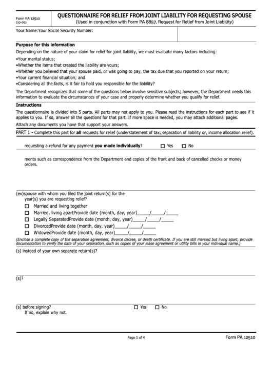 Form Pa 12510 - Questionnaire For Relief From Joint Liability For Requesting Spouse - State Of Pennsylvania Printable pdf