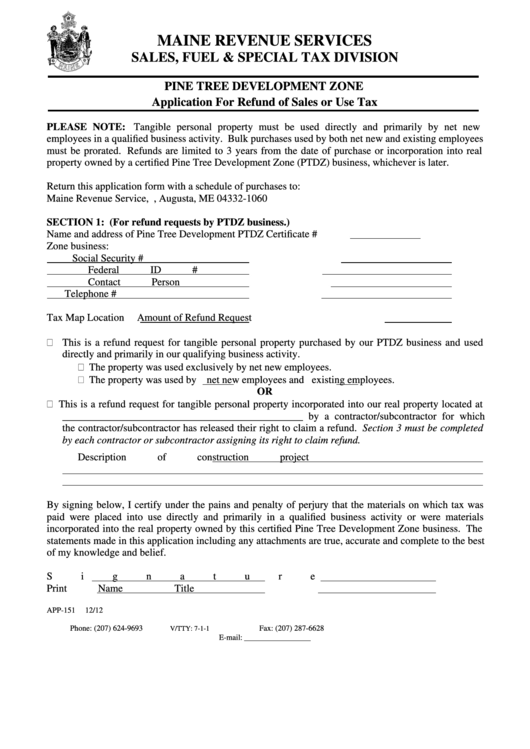 Application For Refund Of Sales Or Use Tax - Maine Revenue Services Printable pdf