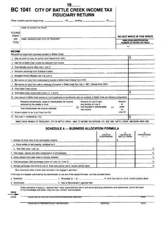 Form Bc 1041 - City Of Battle Creek Income Tax Fiduciary Return Printable pdf