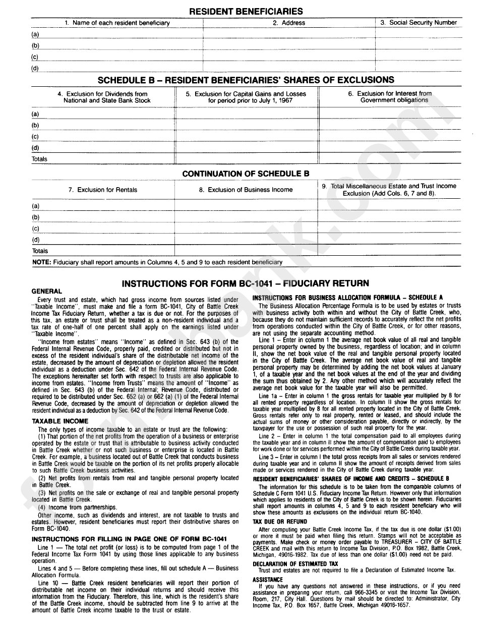 Form Bc 1041 - City Of Battle Creek Income Tax Fiduciary Return