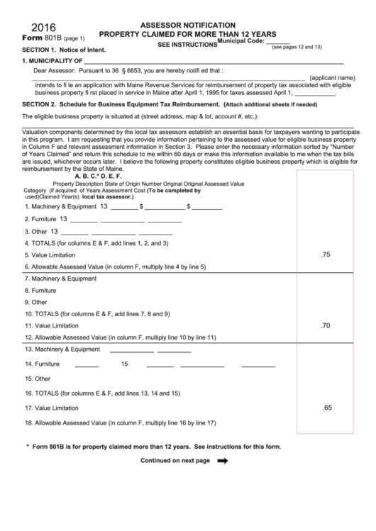 Form 801b - Assessor Notification Property Claimed For More Than 12 Years - 2016 Printable pdf