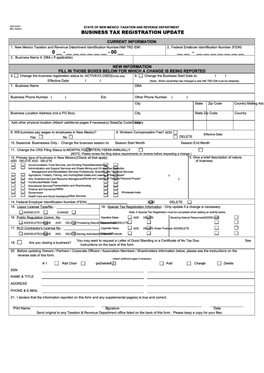 Form Acd-31075 - Business Tax Registration Update Printable pdf