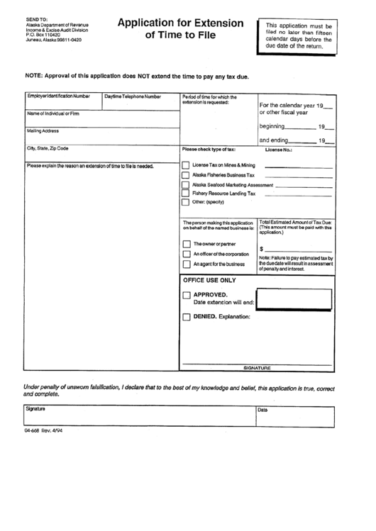 Form 04-668 - Application For Extension Of Time To File Printable pdf