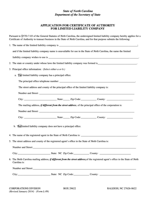 Fillable Form L-09 - Application For Certificate Of Authority For Limited Liability Company Printable pdf