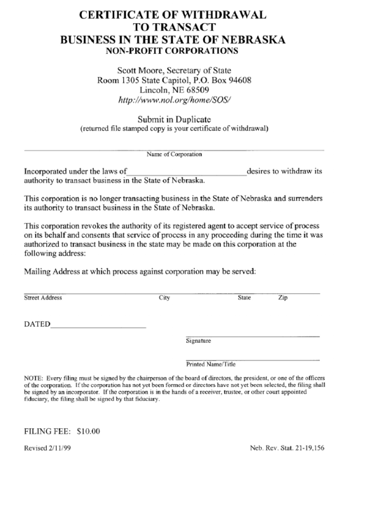 Certificate Of Withdrawal To Transact Business In The State Of Nebraska Non-Profit Corporations - Nebraska Secretary Of State Printable pdf