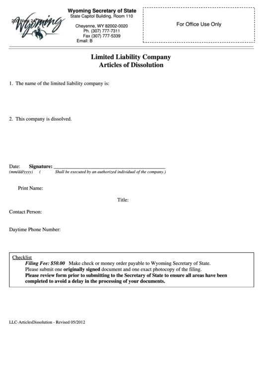 Fillable Limited Liability Company Articles Of Dissolution - Wyoming Secretary Of State Printable pdf
