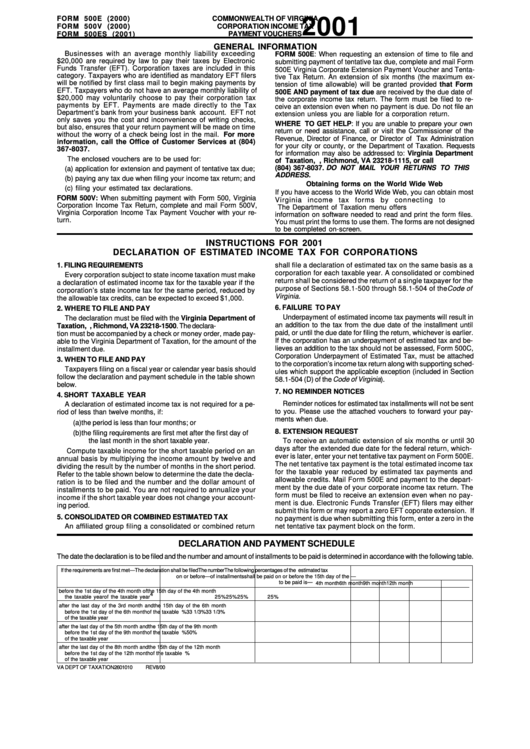 Form 500es - Declaration Of Estimated Income Tax For Corporations - 2001 Printable pdf
