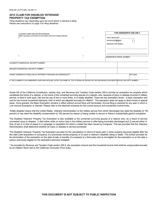 Fillable Form Boe-261-G (P1) - Claim For Disabled Veteran