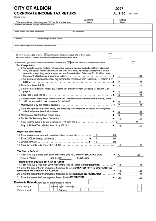 Form Al-1120 - Corporate Income Tax Return - 2007 Printable pdf