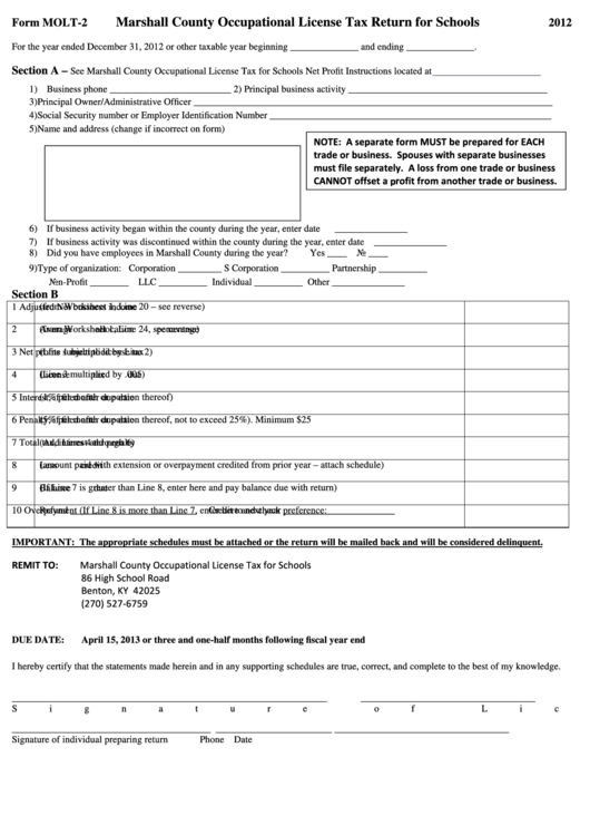 Form Molt-2 - Marshall County Occupational License Tax Return For Schools- 2012 Printable pdf