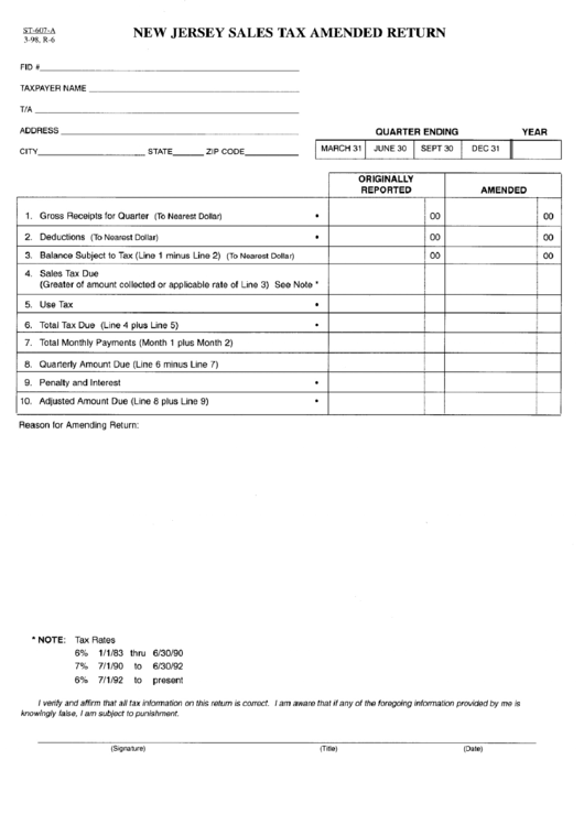 Form St-607-A - New Jersey Sales Tax Amended Return Printable pdf