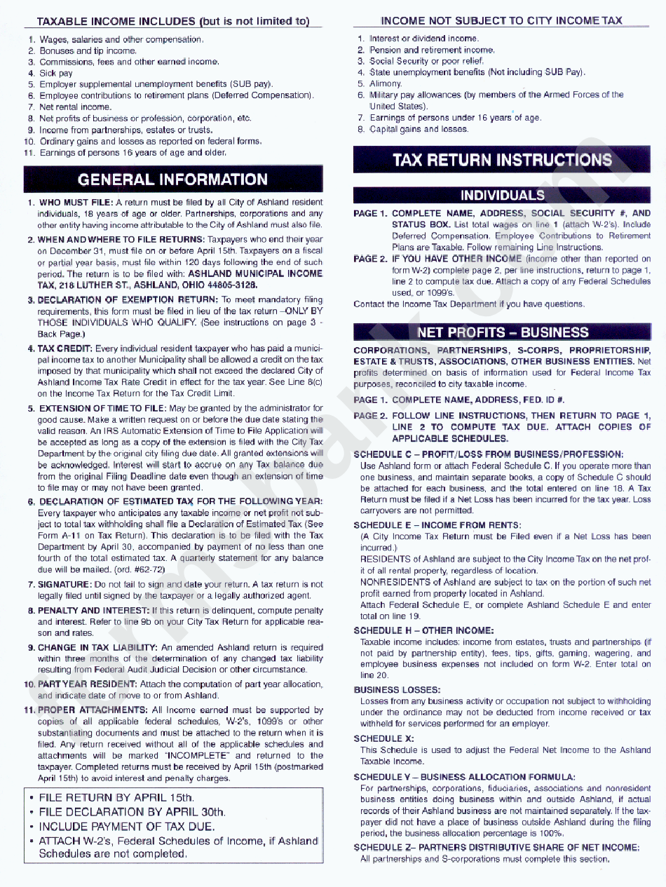 Annual City Tax Return Ashland Municipal Tax printable